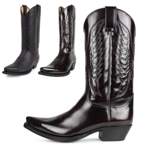 Men Western Cowboy Boots Winter Leather Shoes Embroidered Hi