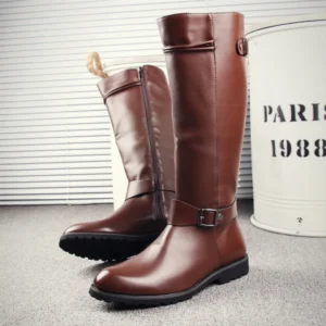 British Mens Black Leather Knee High Boots Desiger Zip Long