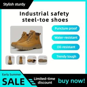 Men's Steel Toe Work Boots - Slip-Resistant Anti-Puncture Mid-Top Safety Shoes with Steel Safety Toe & Slip-Resistant Rubber Sole