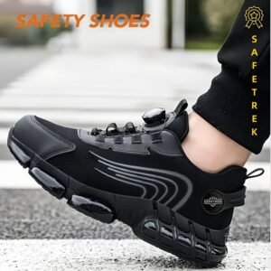 Men's Industrial Safety Work Sneakers with Anti-Smashing Steel Toe & Puncture-Proof Rubber Sole - Slip-Resistant Breathable Fabric, Striped Design for Construction, Warehouse, All-Season Wear, Worksite Footwear, Laceup Closure Shoe, Comfortable Fabric Shoe, Construction Footwear, Classic Style, Sturdy Construction, Protective Shoes, Warehouse Staff