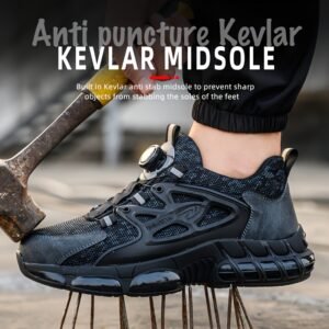 [Durable Build] Men's Durable Anti-Puncture Work Sneakers - Black & Gray, Elastic Lace-Up, Breathable Fabric, All-Season Safety Shoes with Secure Buckle Closure for Hiking & Outdoor Activities, Hiking Boots